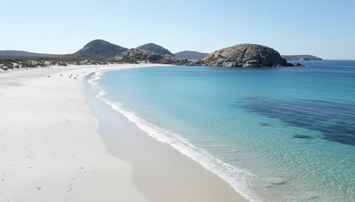 Image: A wide shot of Lucky Bay in Western Australia, showcasing brilliant white sand, crystal-clear turquoise water, and gentle waves. The sun is high, casting a dazzling glow over the scene. In the distance, granite headlands frame the bay.