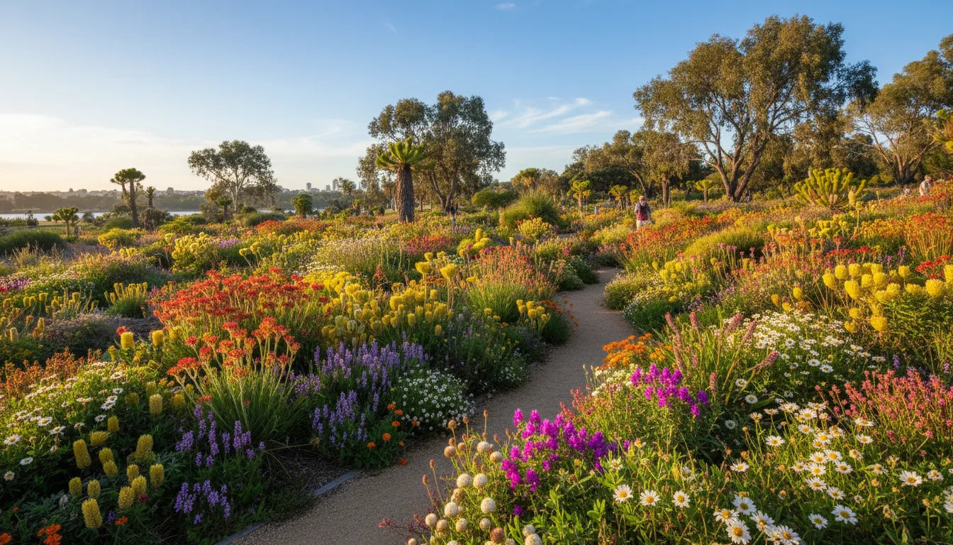 Image: A vibrant and diverse section of the Western Australian Botanic Garden within Kings Park, showcasing a dense array of unique native wildflowers in brilliant colours like reds, yellows, and purples, thriving under the Australian sun.