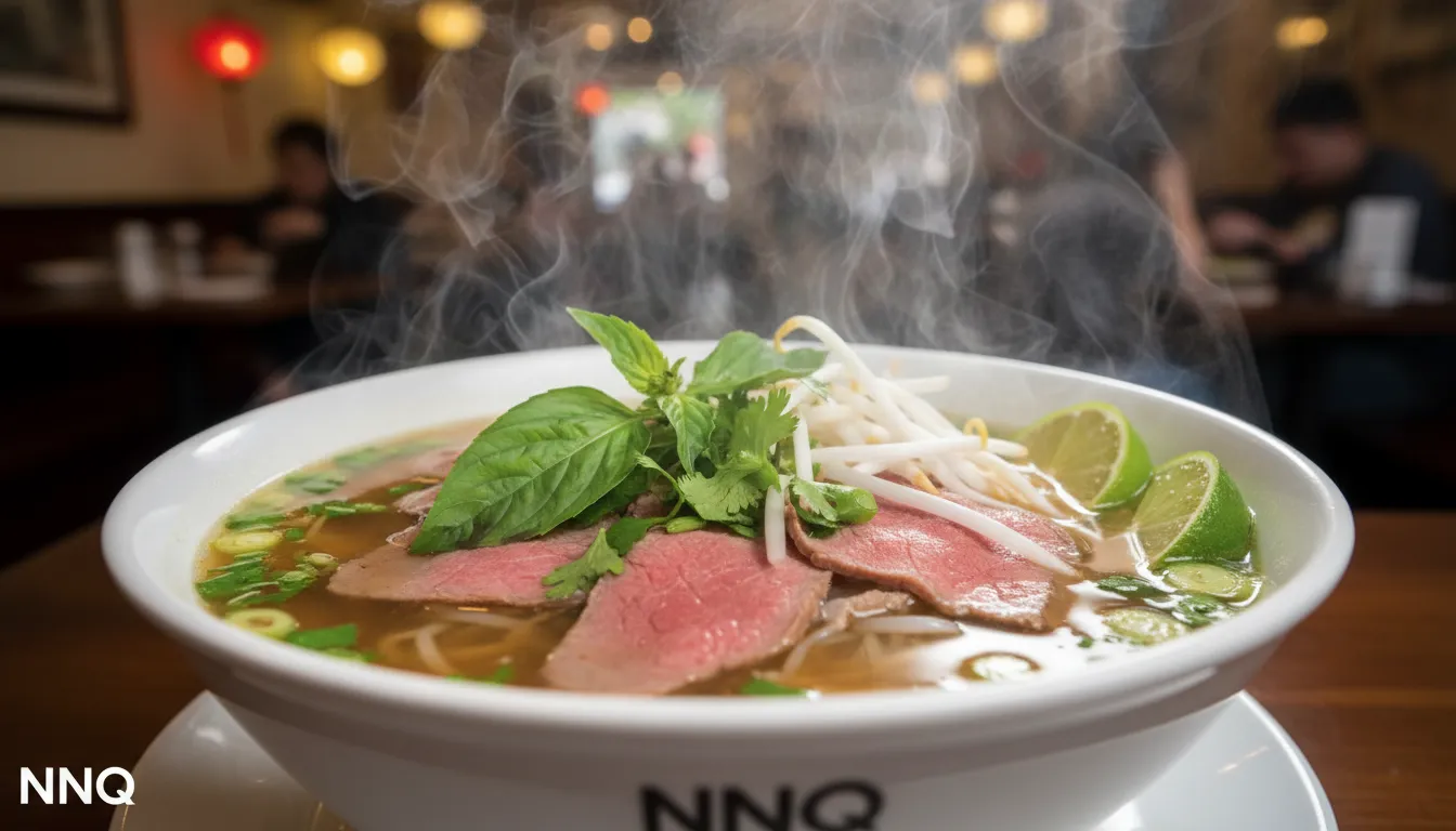 Image: A close-up, top-down shot of a steaming bowl of authentic Vietnamese Pho from NNQ, with thinly sliced beef, fresh herbs like basil and coriander, bean sprouts, lime wedges, and a rich, clear broth visible. The background is slightly blurred, showing a busy restaurant setting.
