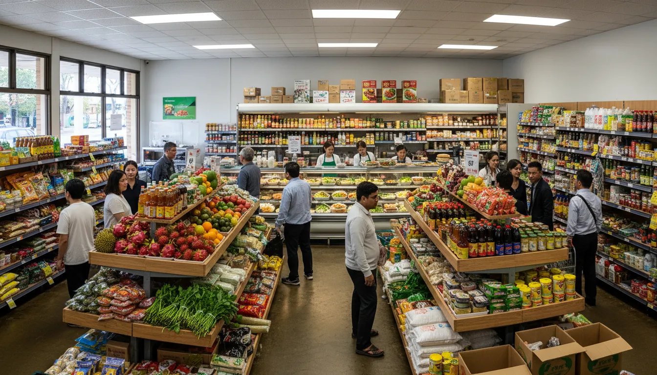 Image: A bustling indoor scene of a Vietnamese grocery store or market in Adelaide