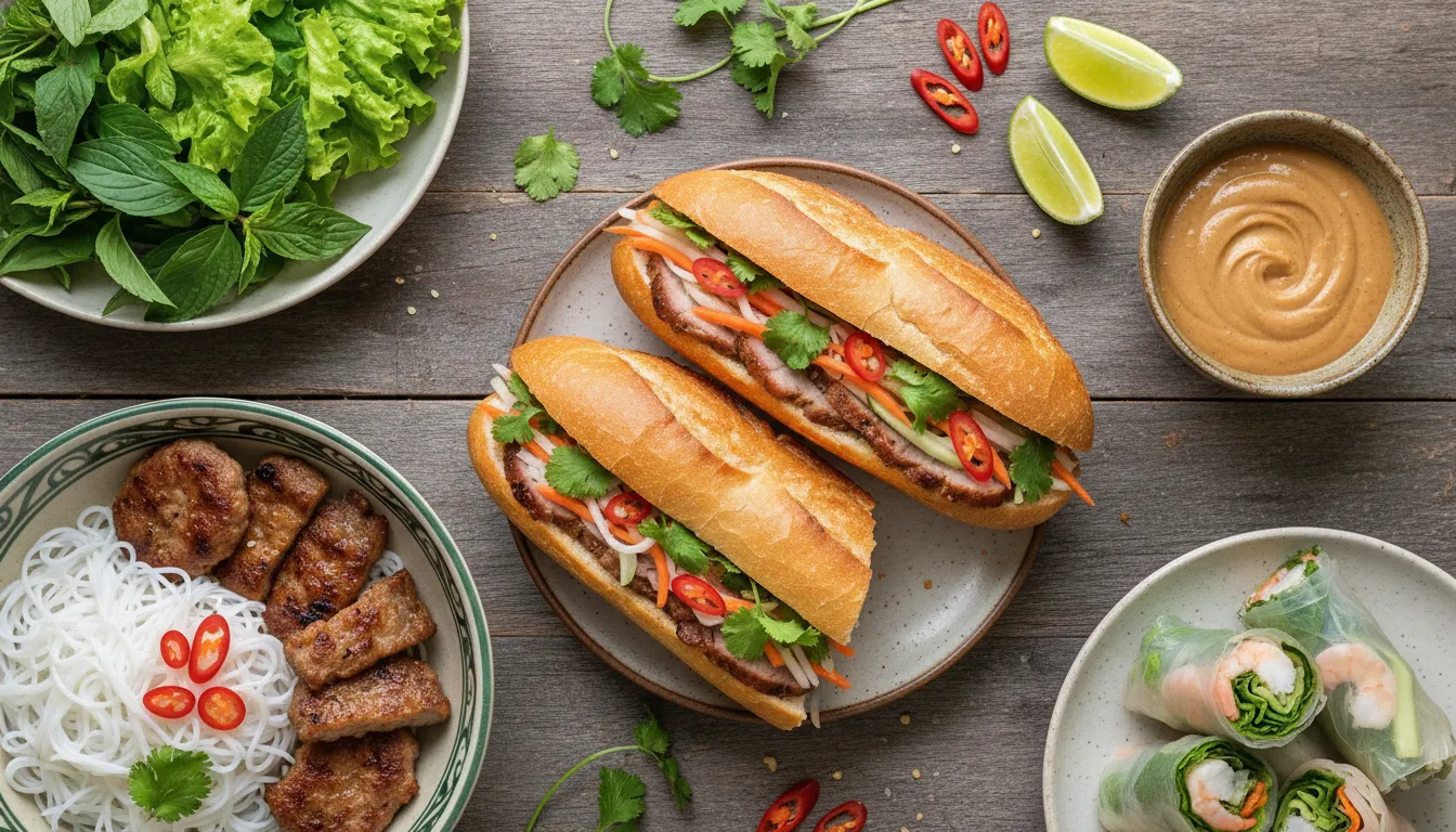 Image: A vibrant, close-up flat lay of an assortment of Vietnamese quick bites. This includes a perfectly sliced Bánh Mì sandwich showing its fillings, fresh rice paper rolls with a side of peanut sauce, and a small bowl of Bún Chả with vermicelli noodles and grilled pork. The items are artfully arranged on a rustic wooden table, possibly with some fresh herbs scattered around.