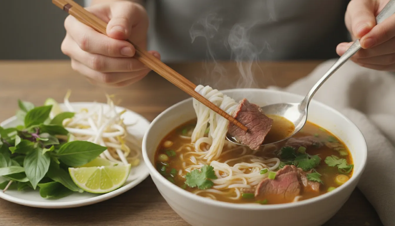 Image: A close-up shot of hands using chopsticks and a spoon to enjoy a bowl of Phở, with a side plate of fresh herbs and lime. The focus is on the act of dining and the vibrant colors of the food.