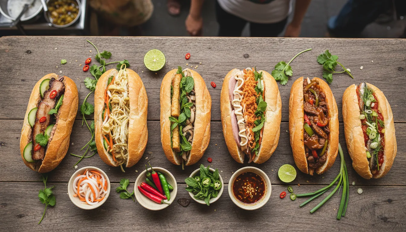 Image: A top-down shot of several different Bánh Mì sandwiches laid out on a rustic wooden table, each with slightly varied fillings and garnishes, alongside small bowls of pickled vegetables and fresh chili. The background is slightly blurred, suggesting a bustling food market or eatery.