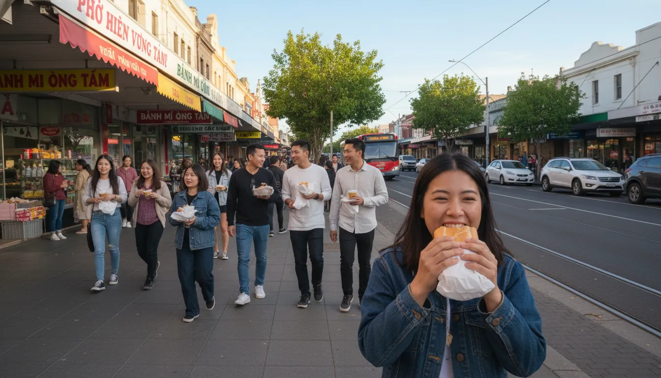 Image: A bustling street scene in Croydon, Adelaide, with various storefronts displaying Vietnamese signage and vibrant awnings. People are walking on the sidewalk, some carrying takeaway food. In the foreground, a person is taking a bite of a Bánh Mì, smiling.