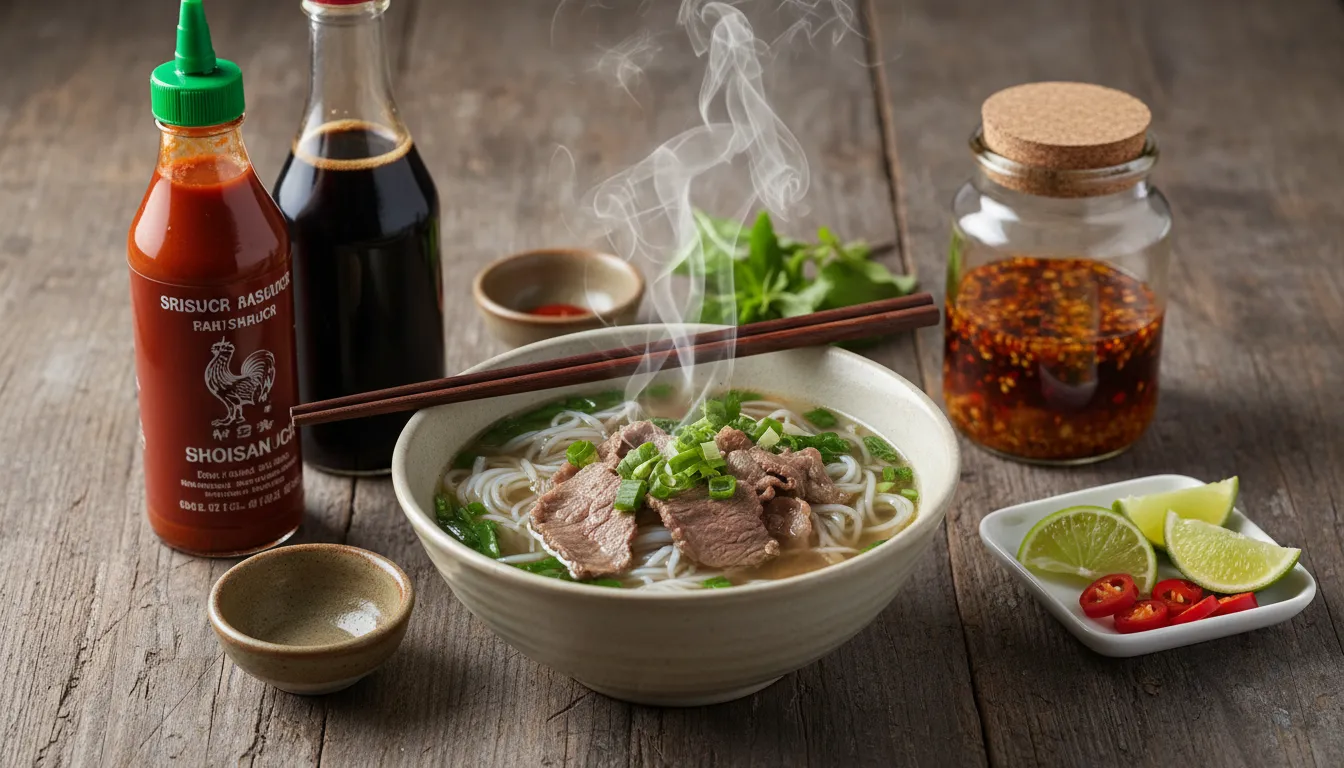 Image: A close-up shot of a steaming bowl of Vietnamese Pho on a rustic wooden table. Around the bowl are small ceramic dishes containing various condiments: a vibrant red sriracha bottle, a dark brown hoisin sauce bottle, a clear glass jar of homemade chili oil with visible chili flakes, and a small plate of fresh lime wedges and sliced red chilies. A pair of chopsticks rests on the bowl.