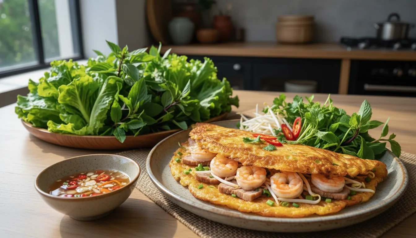 Image: A beautifully presented Vietnamese banh xeo (sizzling pancake) on a plate, surrounded by a generous platter of fresh green lettuce leaves, various herbs like mint and basil, and a small bowl of nuoc cham dipping sauce. The lighting is bright and natural.
