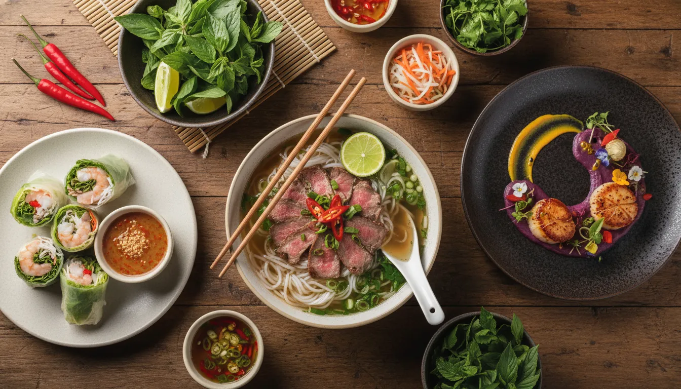 Image: A beautifully composed flat lay of various Vietnamese dishes, showcasing both traditional elements like a bowl of pho and fresh spring rolls, alongside a more modern, fusion-style dish with intricate plating, on a rustic wooden table.