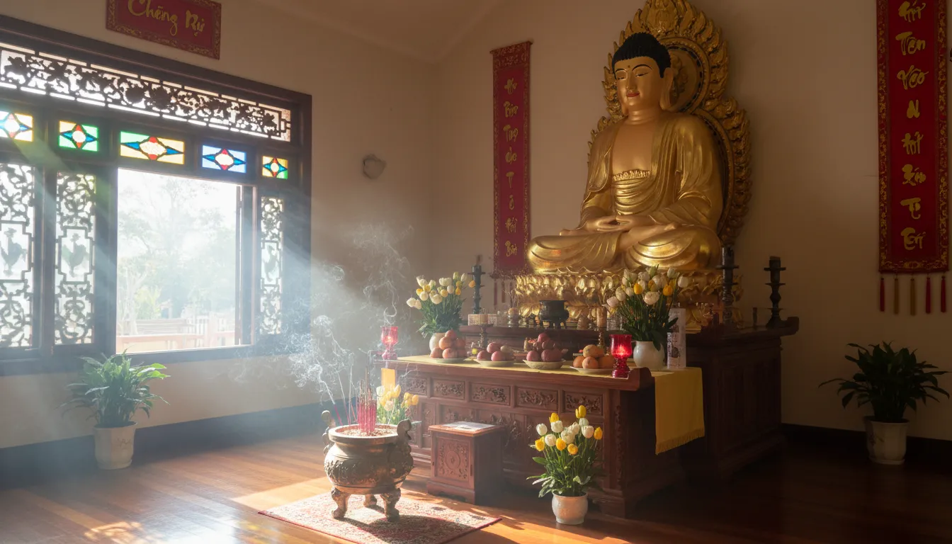 Image: Interior of a serene Vietnamese Buddhist temple in Pennington, Adelaide, during a quiet moment. Soft morning light streams through an ornate window, illuminating a golden Buddha statue surrounded by fresh offerings and delicate incense smoke curling upwards.