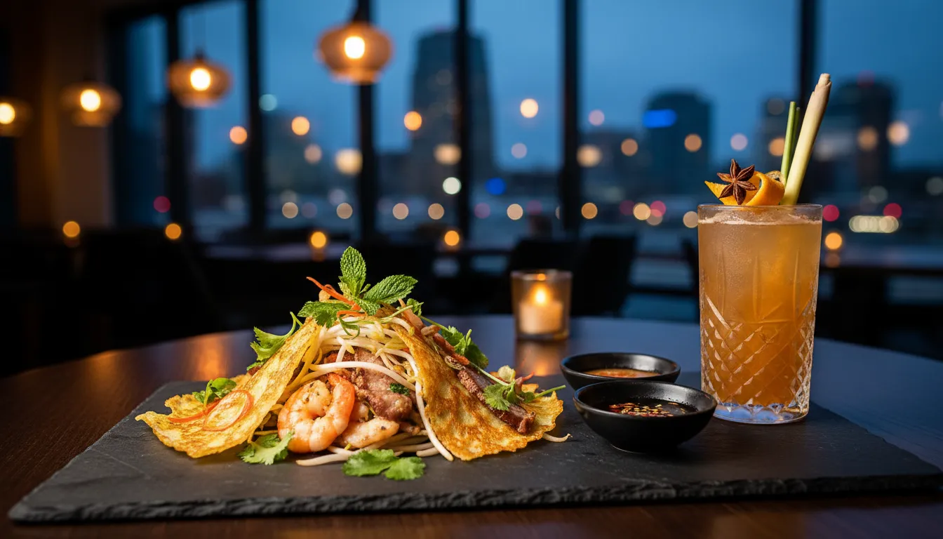 Image: An elegantly plated modern Vietnamese fusion dish, perhaps a deconstructed Bánh xèo or a sophisticated Phở, served in a stylish, dimly lit Adelaide CBD restaurant. A cocktail with Asian-inspired garnishes sits beside it, with subtle city lights visible through a window in the background.