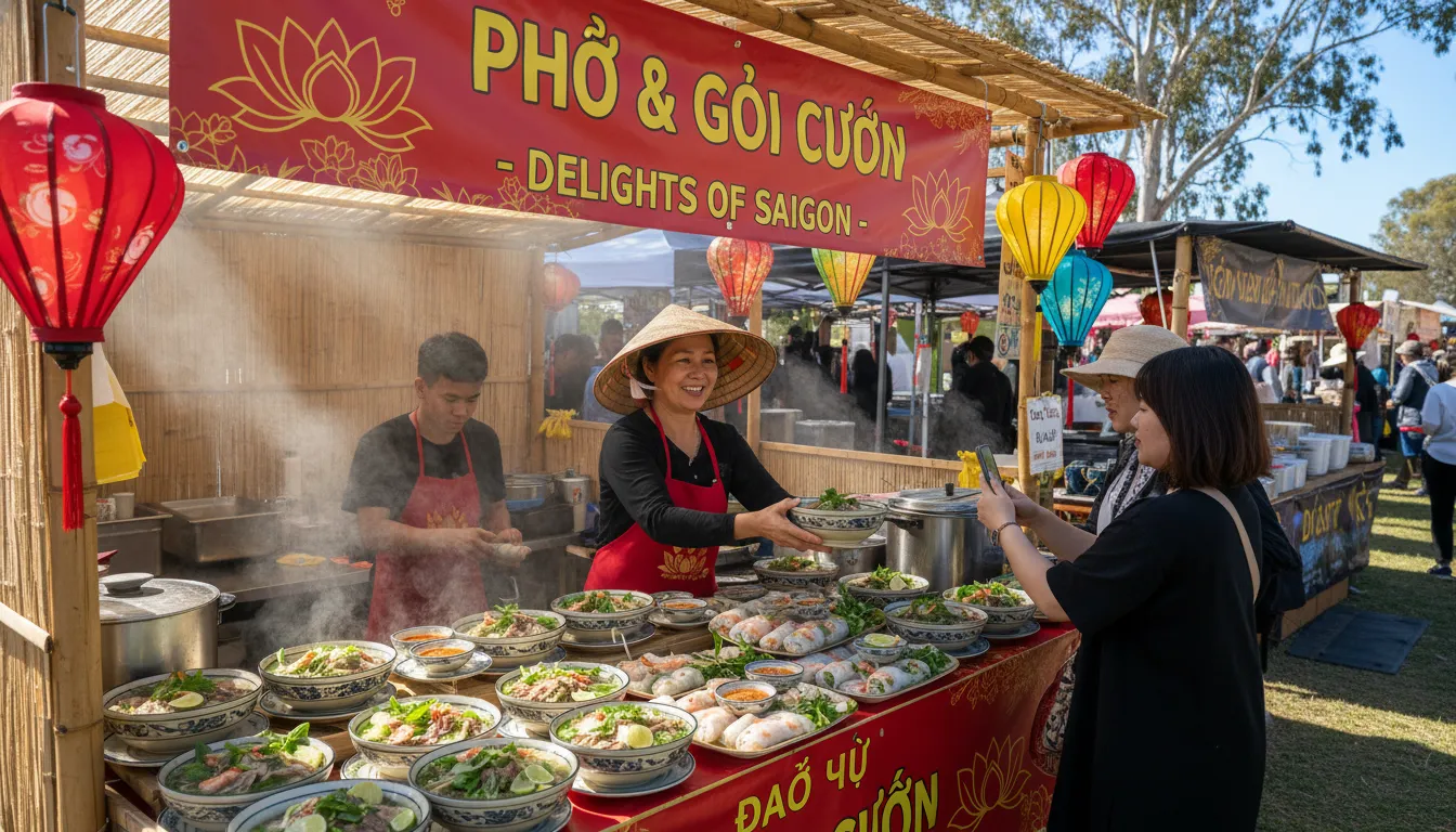 Image: A vibrant food stall at an outdoor Vietnamese festival in Adelaide, with a focus on steaming bowls of phở and freshly rolled gỏi cuốn. The stall is decorated with traditional Vietnamese patterns, and a friendly vendor is serving customers.