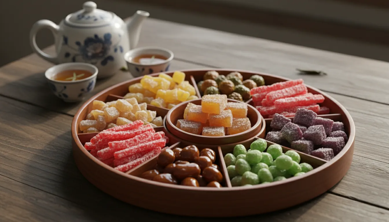 Image: A close-up shot of a beautifully arranged plate of traditional Vietnamese Mứt Tết (candied fruits and seeds) on a wooden table, with delicate teacups and a teapot in the background, suggesting a quiet family gathering.