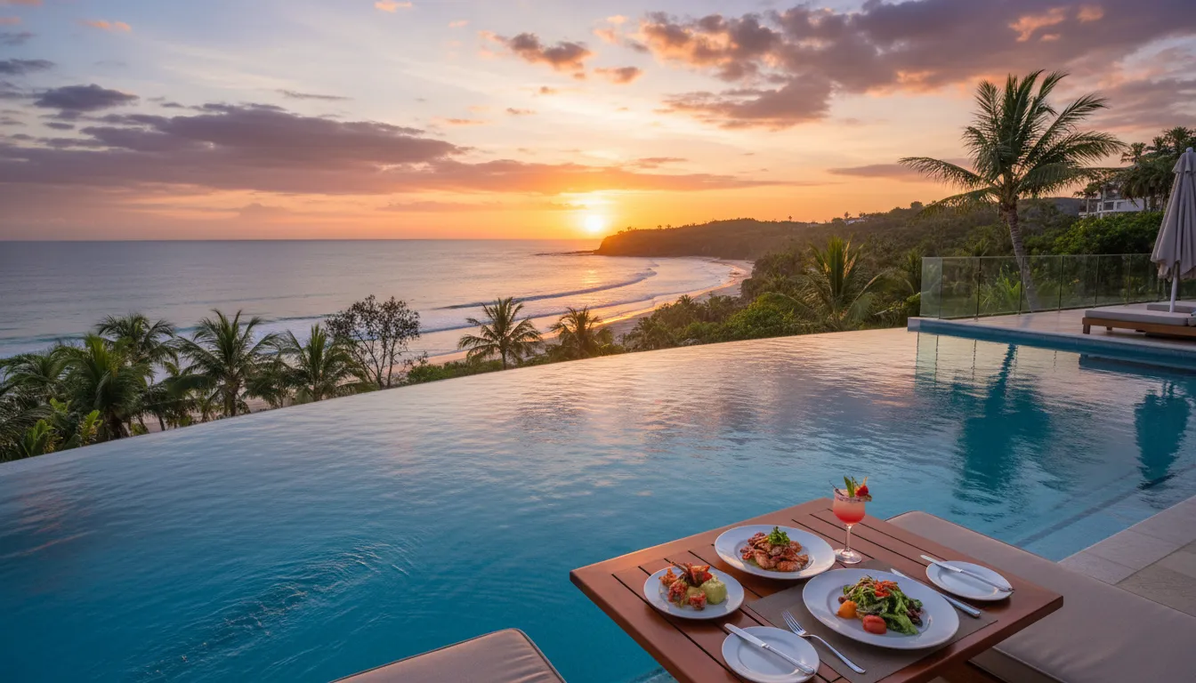 Image: A luxurious infinity pool overlooking a tropical Darwin coastline at sunset, with a gourmet meal and cocktail on a nearby table, hinting at high-end travel.