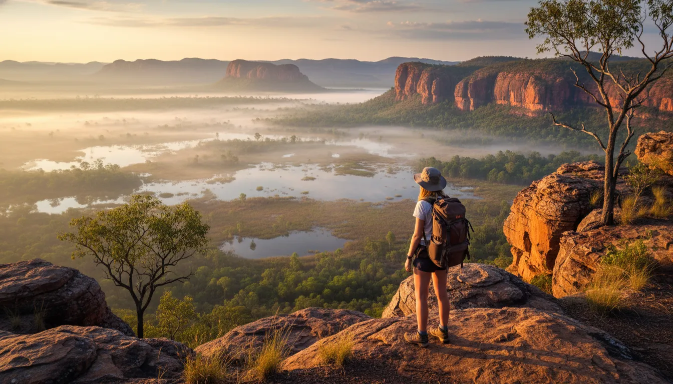 Image: A solo backpacker standing on a rocky outcrop overlooking a vast, ancient landscape of Kakadu National Park at sunrise, with misty wetlands and distant escarpments.