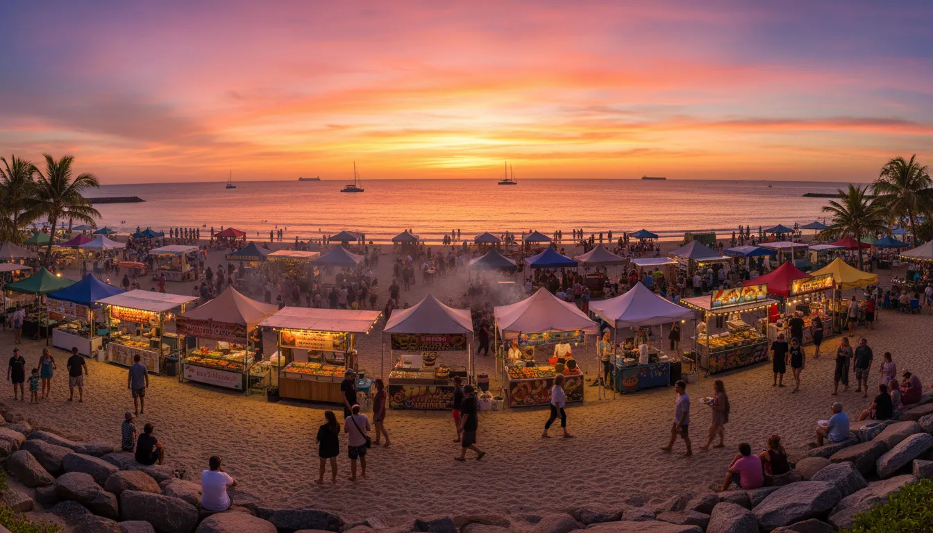 Image: A panoramic view of a vibrant Mindil Beach Sunset Market in Darwin, with diverse food stalls, people milling about, and a stunning orange and purple sunset over the Arafura Sea in the background.