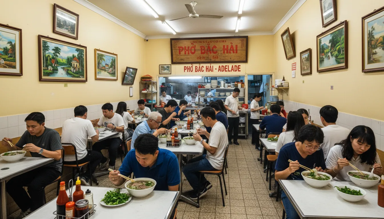 Image: A bustling indoor scene of a classic Vietnamese pho restaurant in Adelaide from the 1990s. Diners are seated at simple tables, enjoying large bowls of pho. The decor is modest but clean, with perhaps some traditional Vietnamese artwork on the walls and a friendly, busy atmosphere.