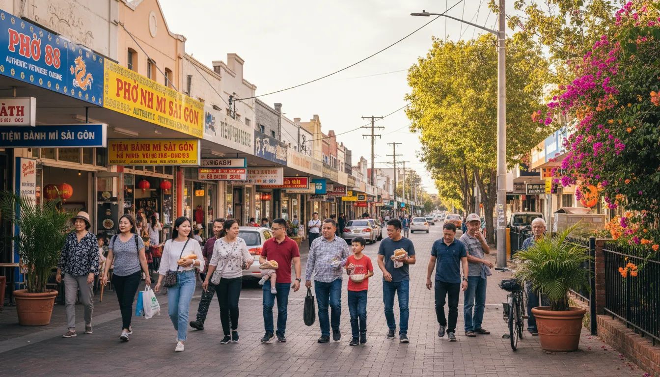 Image: A wide, welcoming shot of a vibrant street scene in Adelaide