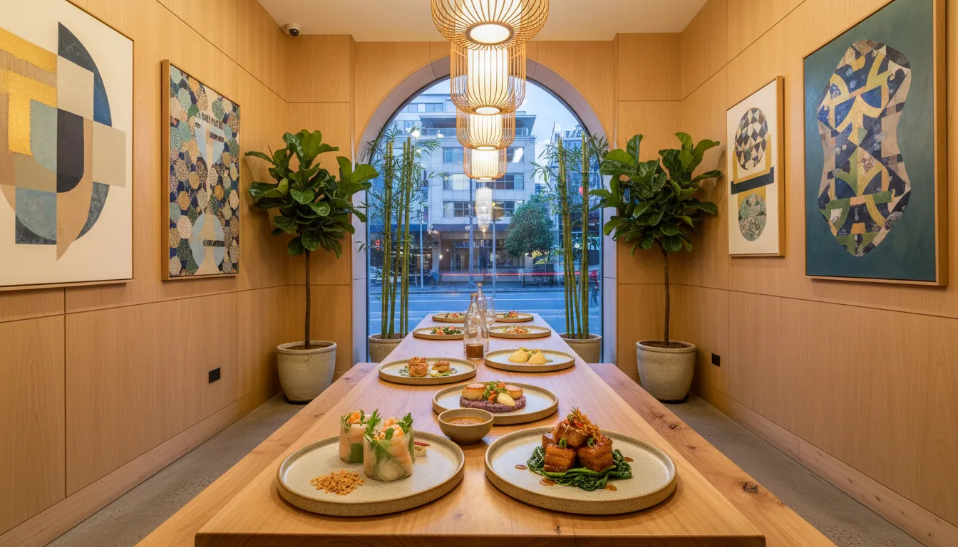 Image: An elegantly styled interior of a modern, high-end Vietnamese restaurant in Adelaide. The decor is minimalist yet warm, with natural wood, subtle lighting, and perhaps some contemporary Vietnamese art. Dishes on the table are beautifully plated, showcasing refined Vietnamese cuisine.