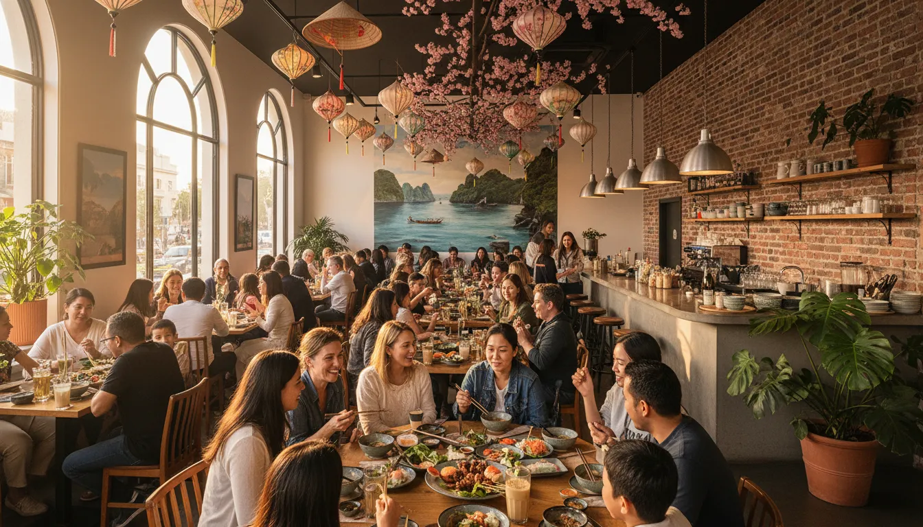 Image: A warm and inviting scene inside a Vietnamese community restaurant in Adelaide, with diverse families and friends gathered, laughing, and sharing food. There are elements of traditional decor mixed with modern touches, and a general atmosphere of joy and connection.