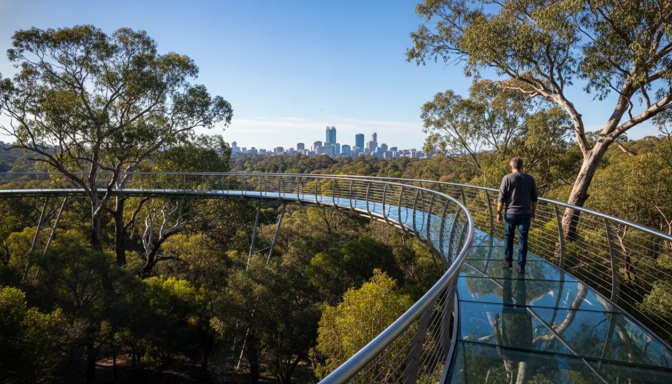 Image: A person walking along the Federation Walkway (Tree Top Walk) in Kings Park, Perth. The walkway is made of glass and steel, suspended high above the native bushland. The image captures the unique perspective of being among the treetops, with glimpses of the Perth city skyline in the distance on a bright, sunny day.