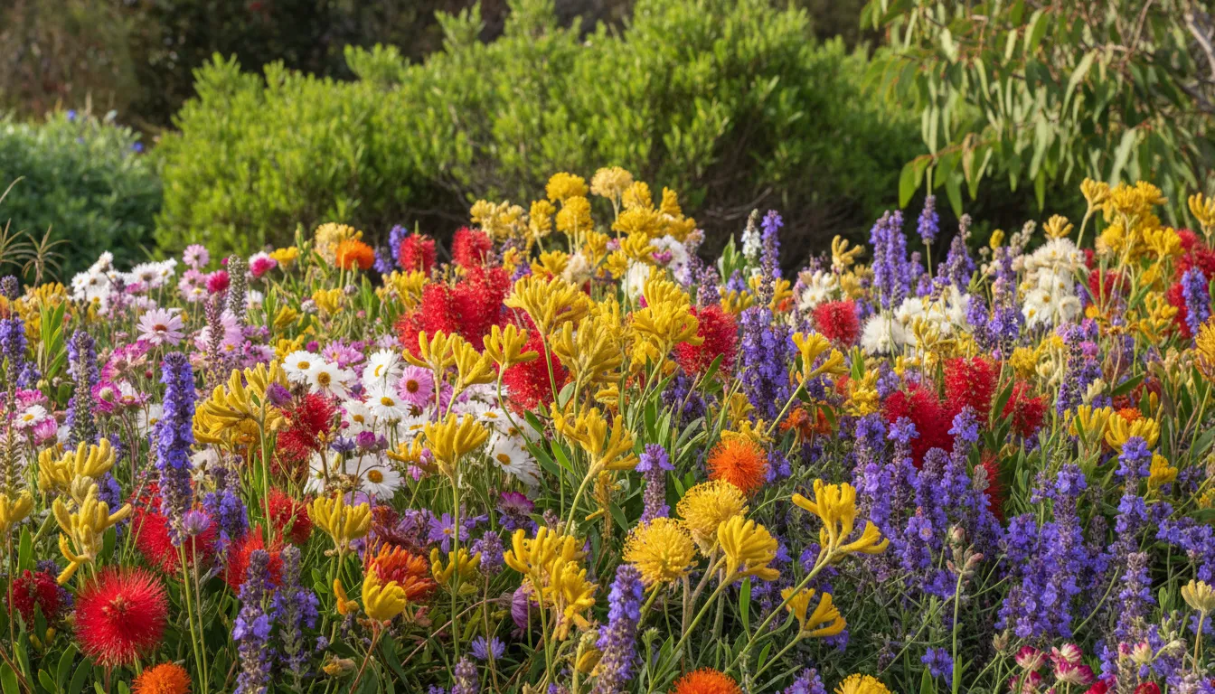 Image: A vibrant collection of Western Australian native wildflowers in full bloom within the Kings Park Botanic Garden, showcasing a riot of colours like reds, yellows, and purples. The flowers are in sharp focus, with a soft, natural green background, implying a healthy and thriving ecosystem.