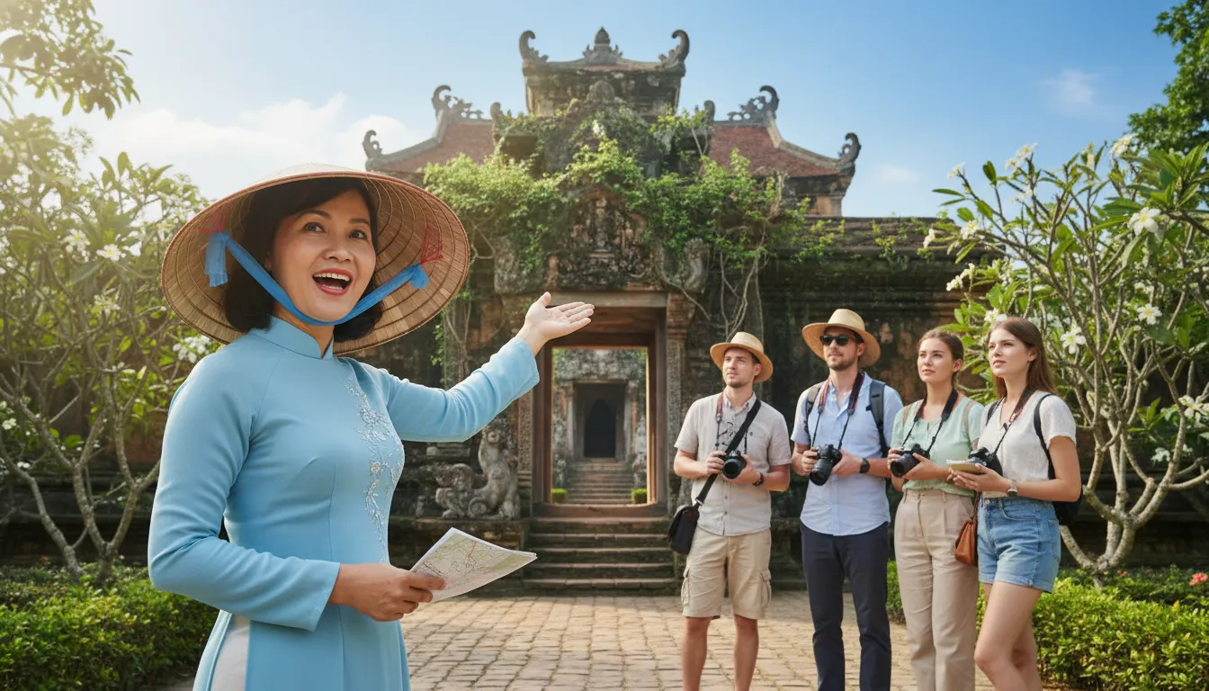 Image: A friendly local Vietnamese guide, wearing a traditional conical hat (nón lá), enthusiastically pointing towards an ancient temple entrance while explaining its history to a small group of attentive tourists. The scene is bright and engaging.