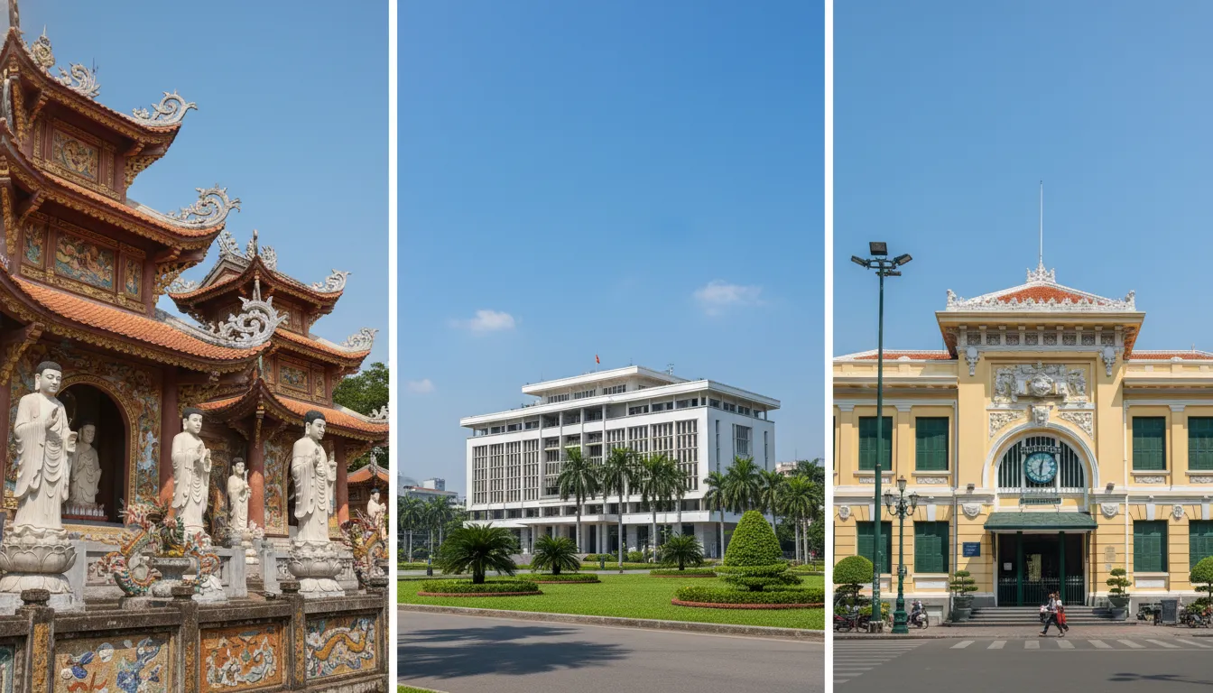 Image: A composite image showcasing the architectural diversity of South Vietnam