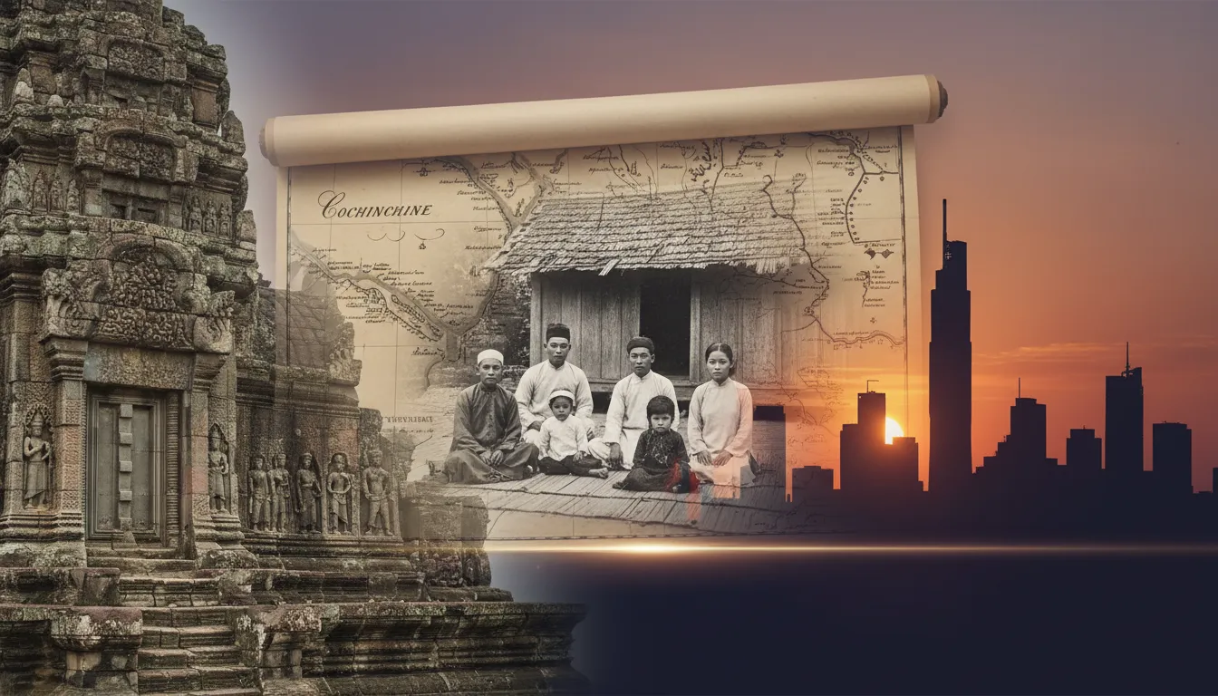 Image: A historical timeline visual, blending different eras: an ancient Khmer temple fragment, a 19th-century French colonial map of Cochinchina, a black and white photograph of a Vietnamese family from the early 20th century, and a silhouette of a modern Ho Chi Minh City skyline at sunset, all subtly overlaid.
