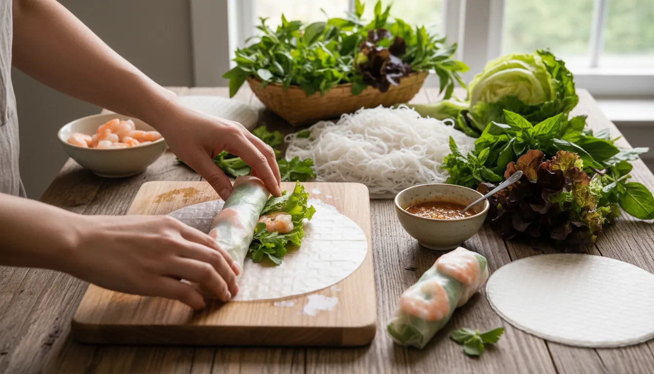 Image: Hands skillfully rolling fresh Vietnamese spring rolls (gỏi cuốn) using translucent, flexible rice paper. The table is laden with fresh ingredients like shrimp, vermicelli, herbs, and lettuce, showcasing the quality of the rice paper.