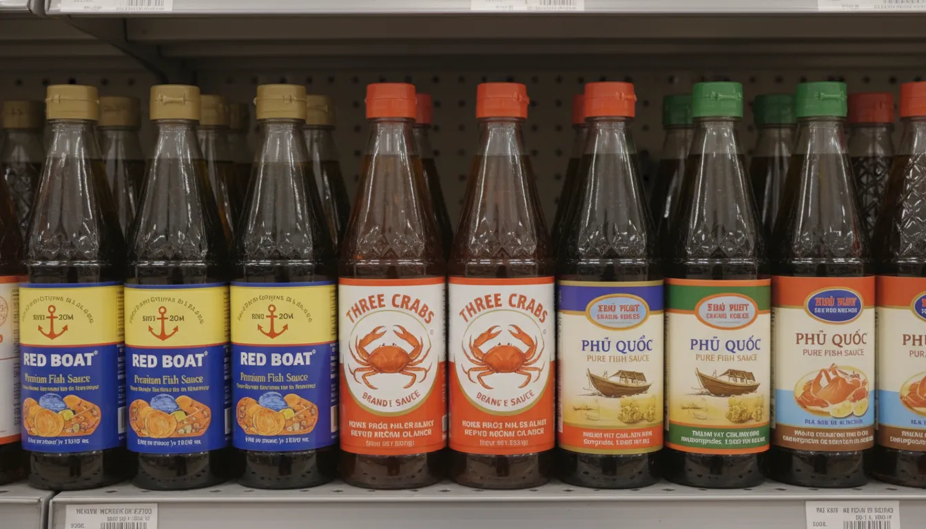 Image: A close-up shot of various brands of high-quality Vietnamese fish sauce bottles on a supermarket shelf. Labels are clearly visible, showcasing names like Red Boat, Three Crabs, and Phu Quoc brands. The bottles are amber-colored, with some light reflecting off the glass.