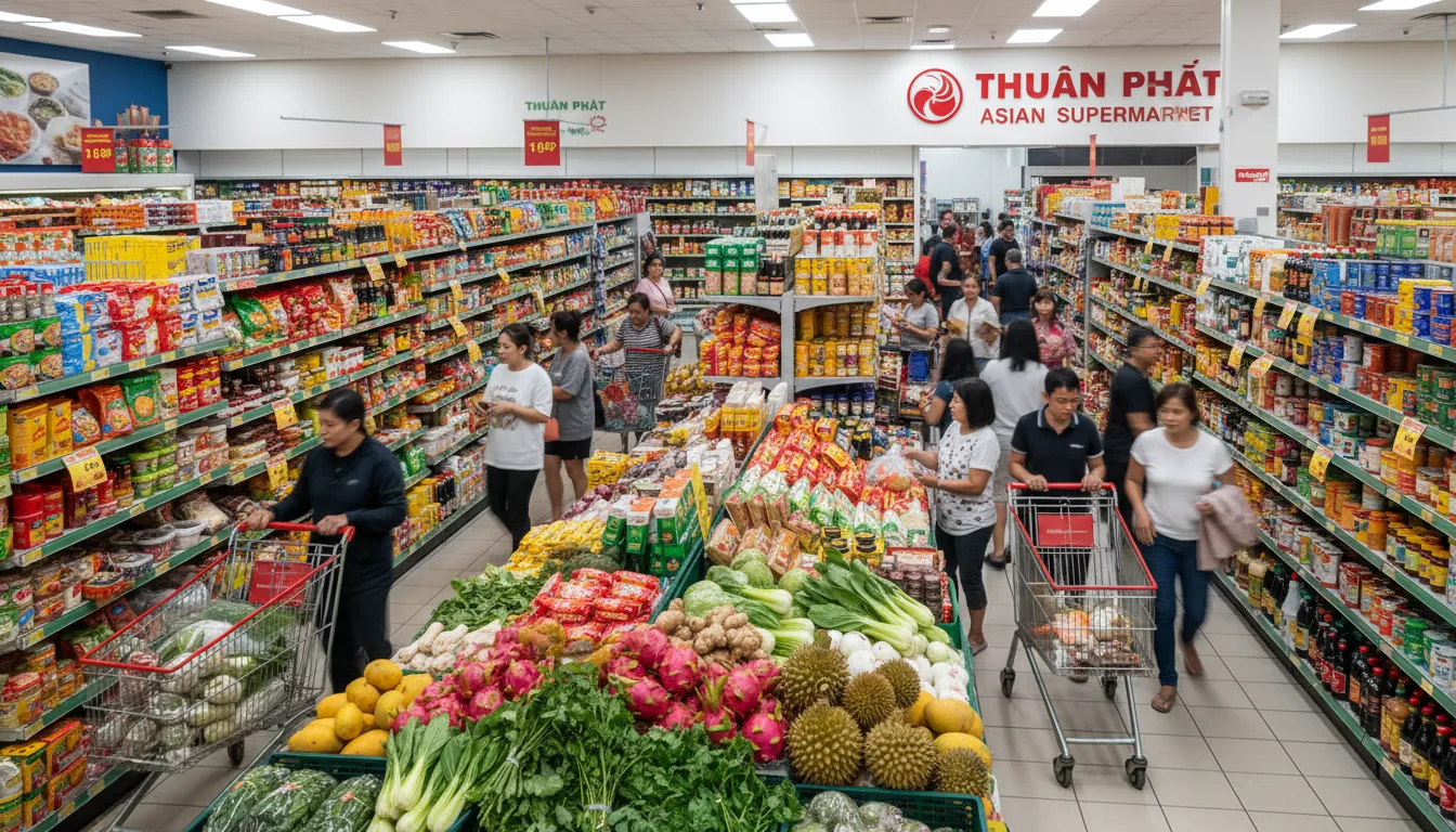Image: The bustling interior of Thuan Phat Supermarket in Athol Park, Adelaide. Aisles are filled with diverse Asian groceries, fresh produce displays, and a mix of shoppers, some with trolleys. Focus on the variety of products and the lively atmosphere.