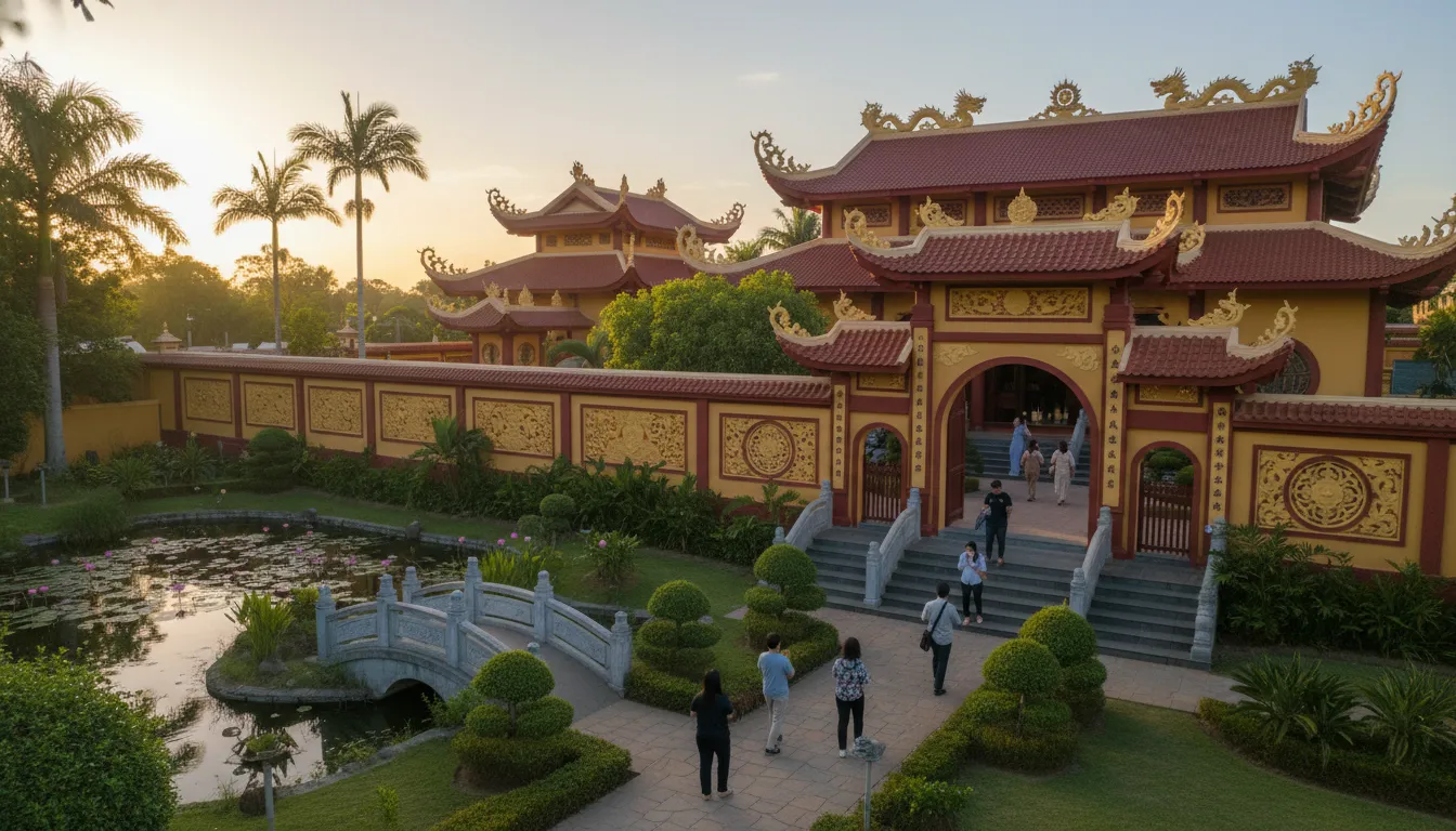 Image: The tranquil exterior of Pháp Hoa Temple in Pennington, Adelaide, showing traditional Vietnamese Buddhist architecture with a red-tiled roof, ornate decorations, and lush green gardens. A few people are respectfully entering or exiting.