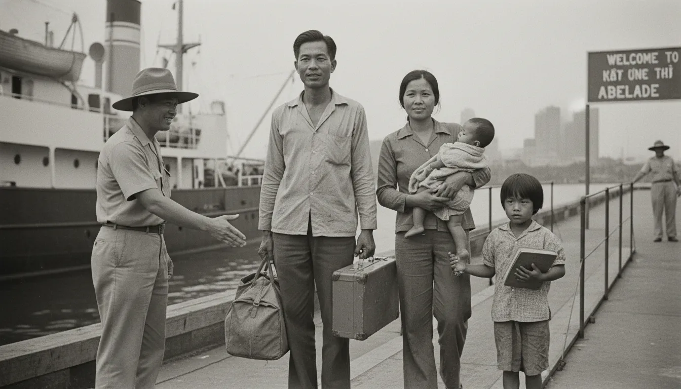 Image: A historical photograph, sepia-toned, depicting a Vietnamese family arriving in Adelaide in the late 1970s, looking hopeful but tired, perhaps carrying minimal belongings, with a welcoming Australian official in the background.