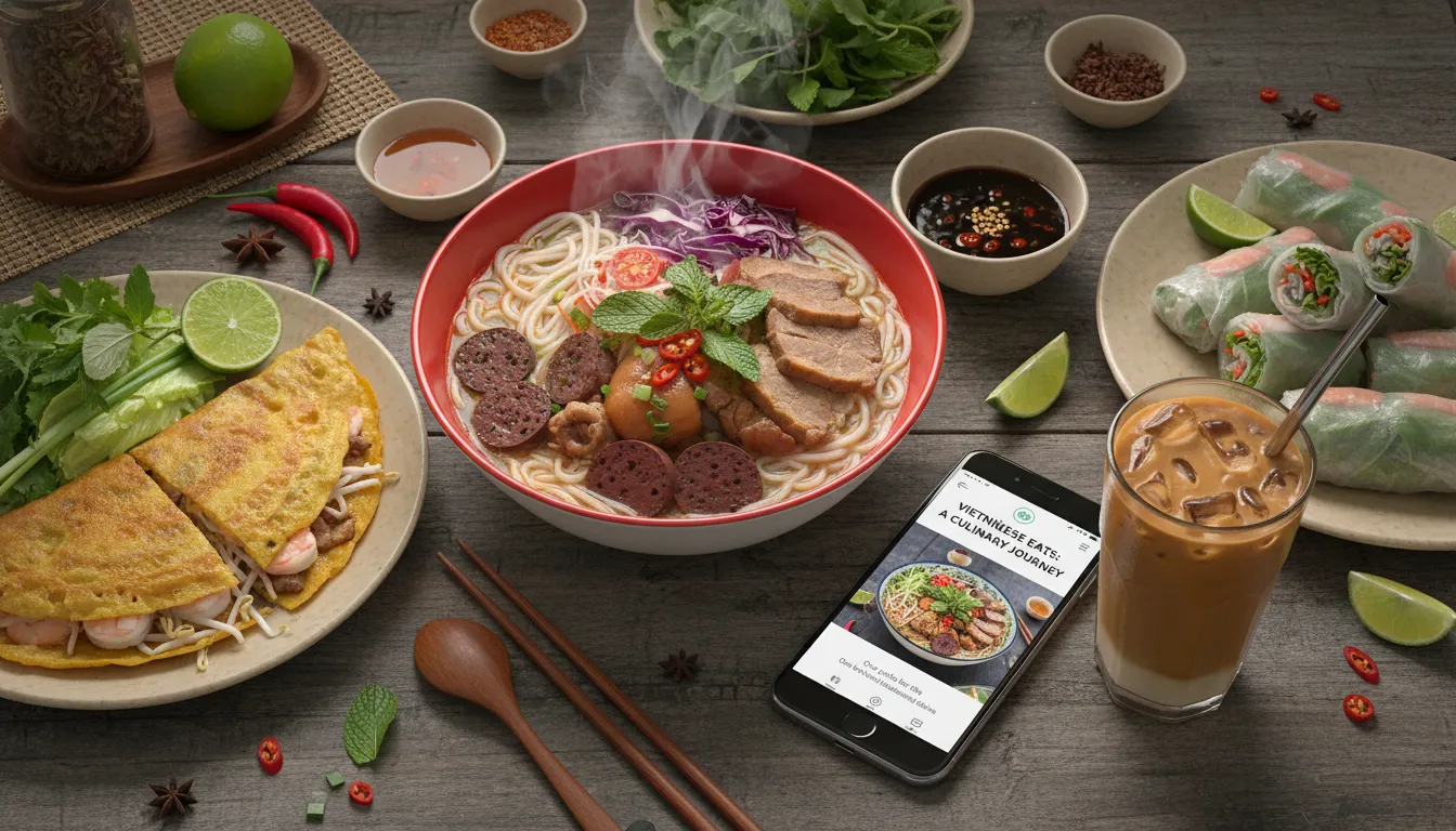 Image: A beautifully styled flat lay of various Vietnamese dishes on a wooden table, typical of a food blog photo. Dishes include a vibrant Bún Bò Huế bowl, crispy Bánh Xèo, fresh Gỏi Cuốn, and a cup of Vietnamese iced coffee. A smartphone is placed beside the dishes, displaying a food blog page with text overlays.